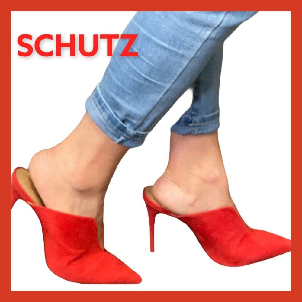 SCHUTZ CORAL RED SUEDE STILETTO MULES (SZ. 8.5) (EUC)